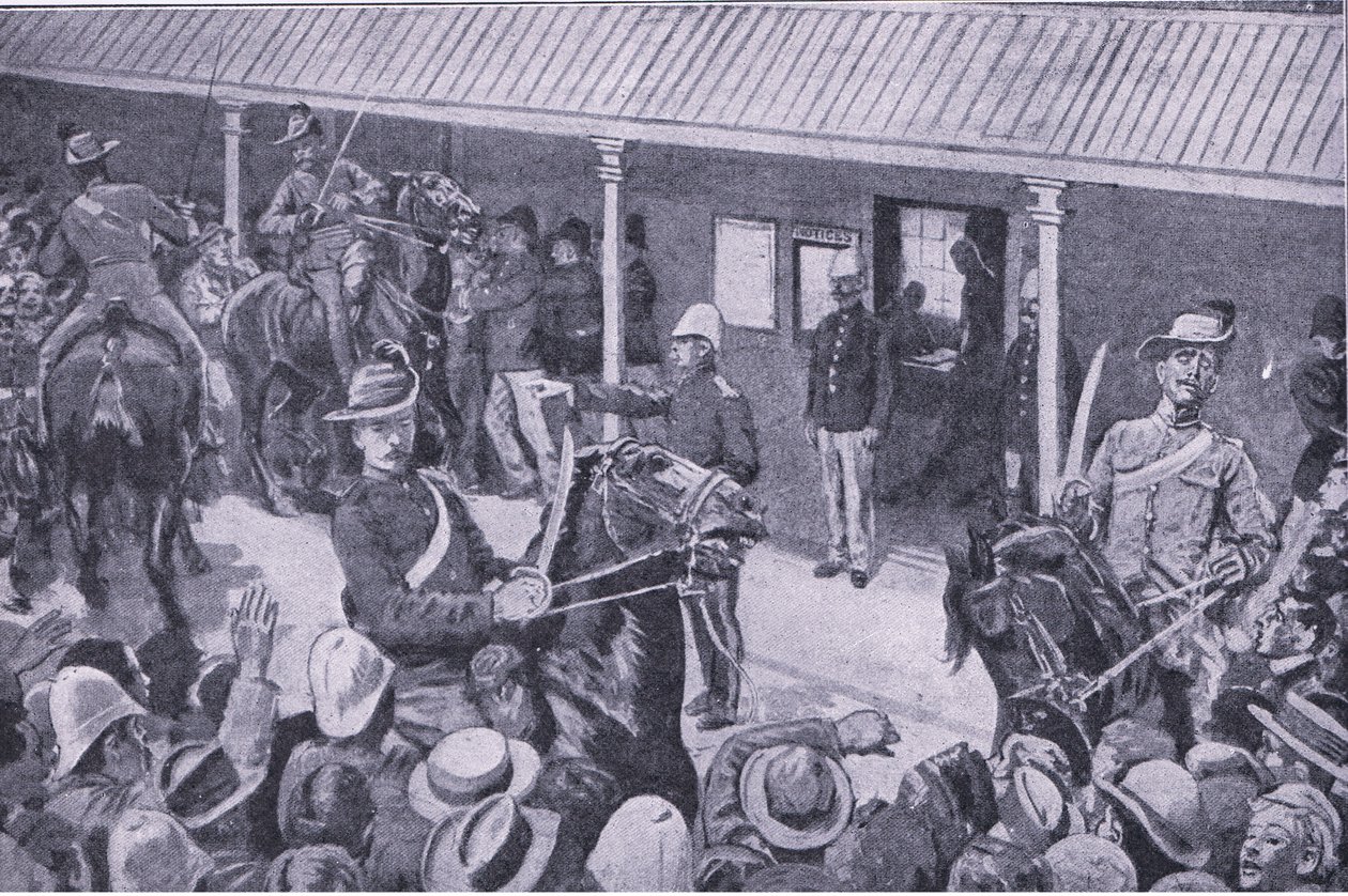 Reforços coloniais para a África do Sul: uma onda de pedidos de matrícula em Sydney, de After Pretoria: The Guerilla War, publicado pela Harmsworth Bros Limited, 1901 de Henry Marriott Paget