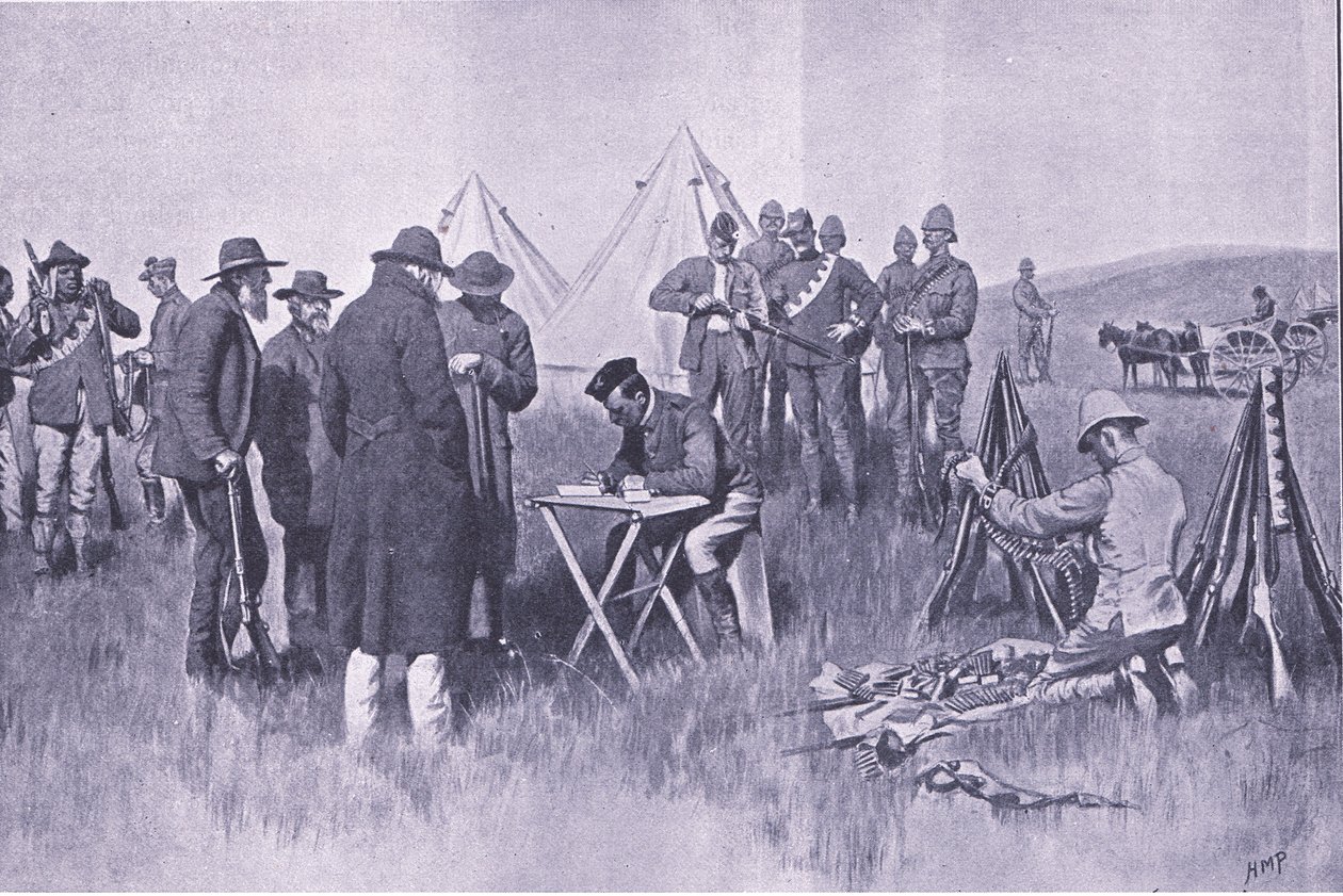 Jurando o juramento de neutralidade, ilustração de After Pretoria: The Guerilla War, 1902 de Henry Marriott Paget