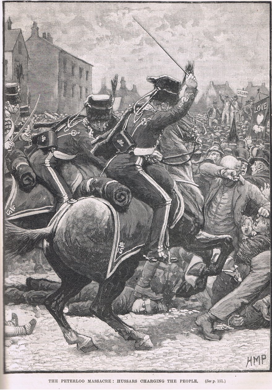 O Massacre de Peterloo com os Hussardos acusando as pessoas, ilustração da "História Ilustrada da Inglaterra" de Cassell, publicada em 1910 de Henry Marriott Paget