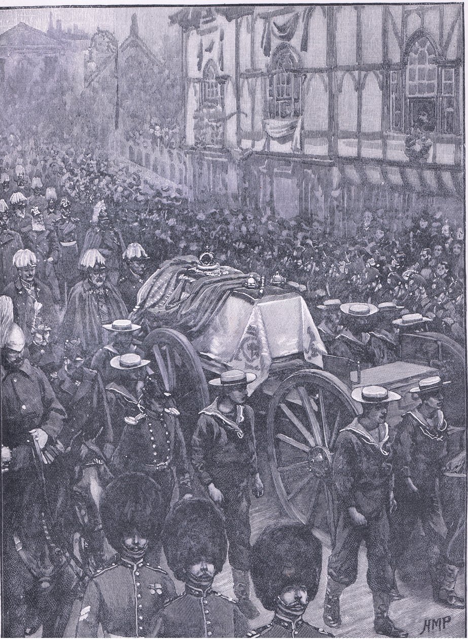 O funeral de Queens, o último estágio, ilustração deCassells History of England, de 1900 de Henry Marriott Paget