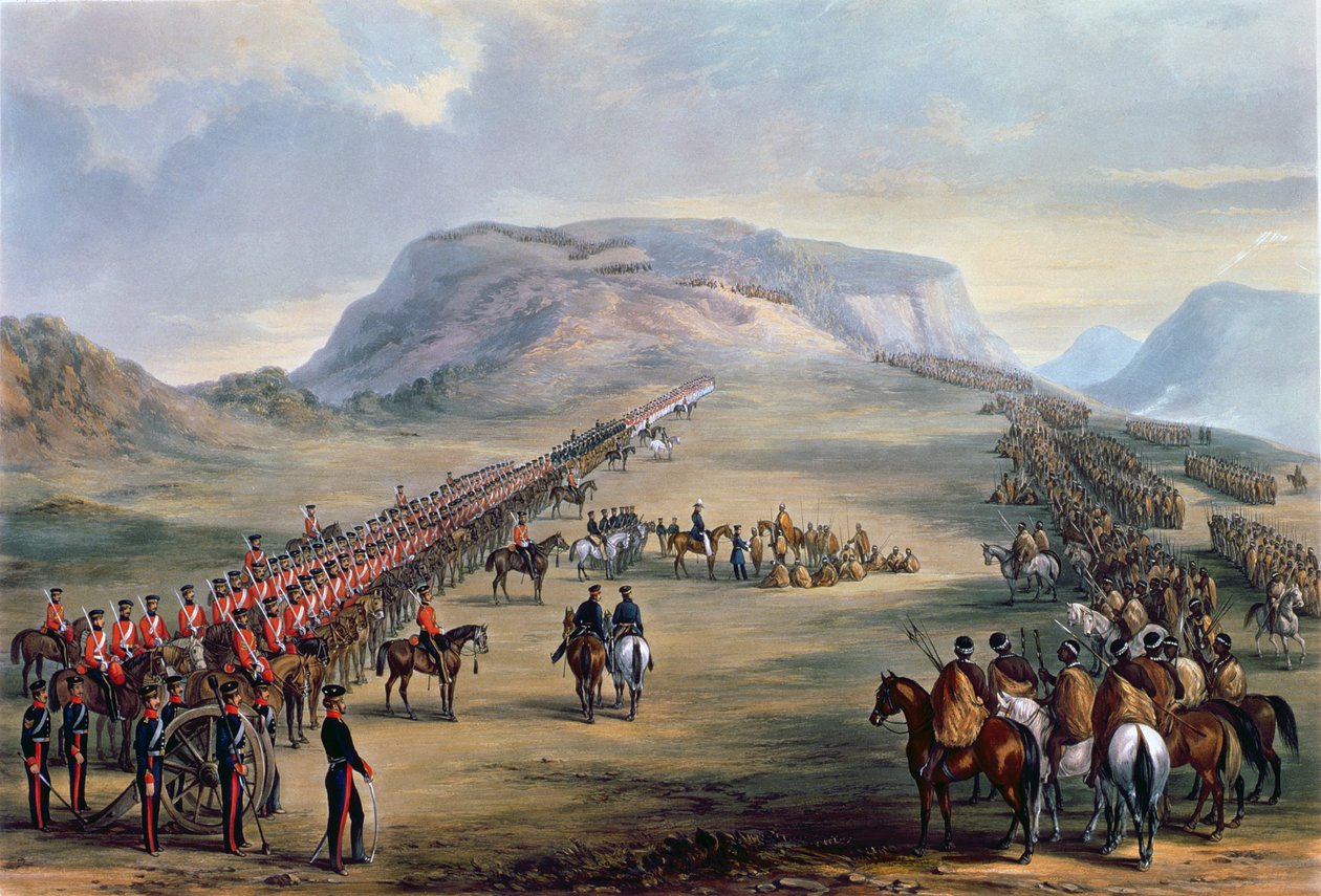 A Conferência no Block Drift, Kaffirland, em 30 de junho de 1846 (cor aquatint) de Henry Martens