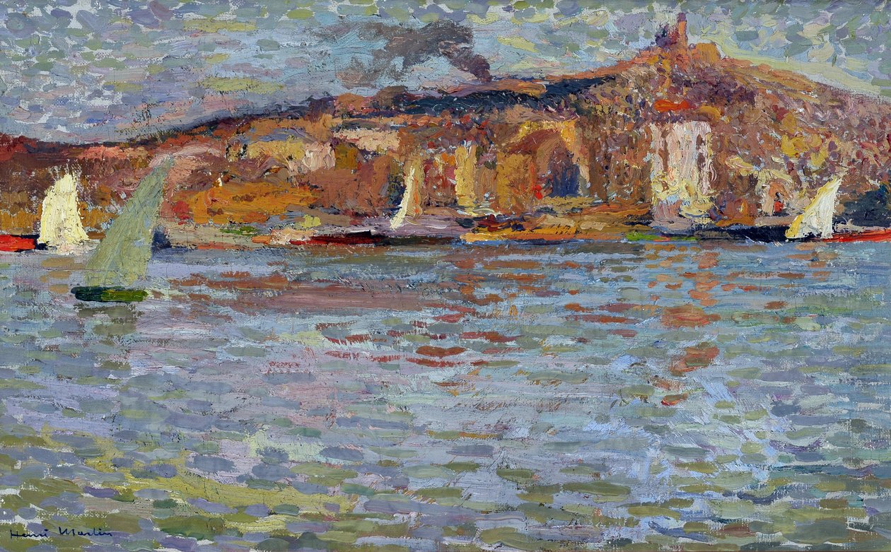 O porto de Marselha, o antigo porto e a “Boa Mãe” (Cathedrale Notre Dame de la Garde). Pintura de Henri Martin (1835-1908). Óleo sobre tela. Dim: 38x61cm Menção obrigatória: coleção de fundação Regards de Provence, Marselha de Henry Martin