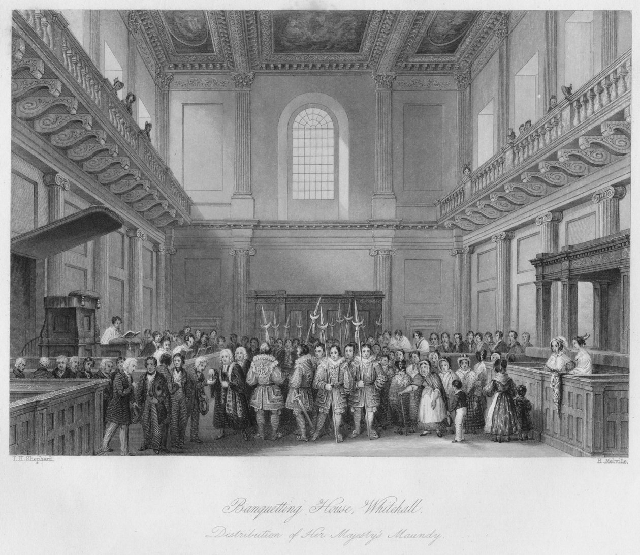 Casa de banquetes, Whitehall. Distribuição de Sua Majestade Maundy, c1841 de Henry Melville