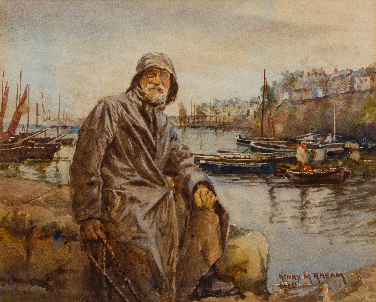 Pescador na parede do porto de Newlyn, 1920 (wc no papel) de Henry Meynell Rheam