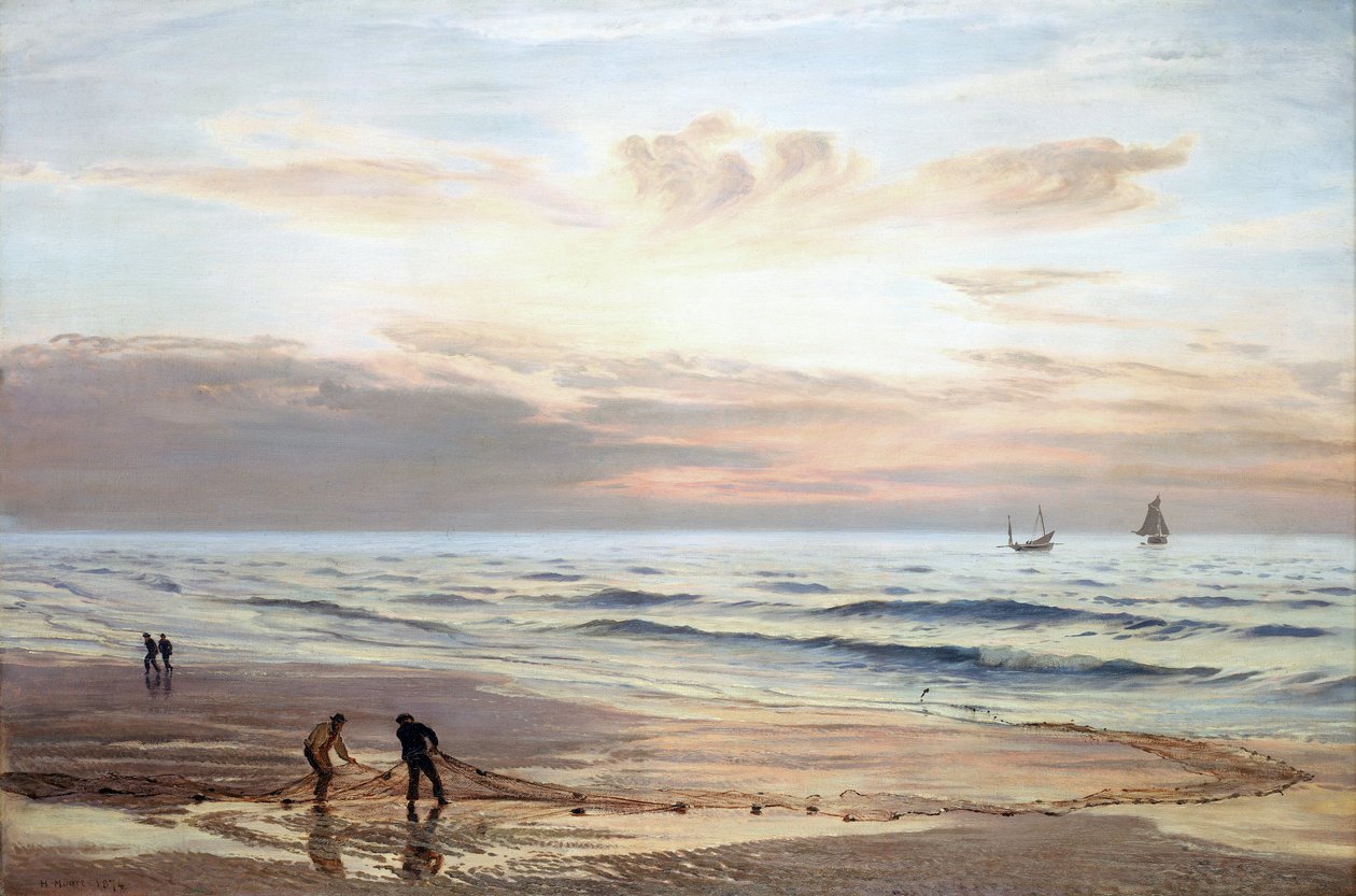 Pescadores a puxar as redes nas costas da costa norte do País de Gales. Óleo sobre tela de Henry Moore