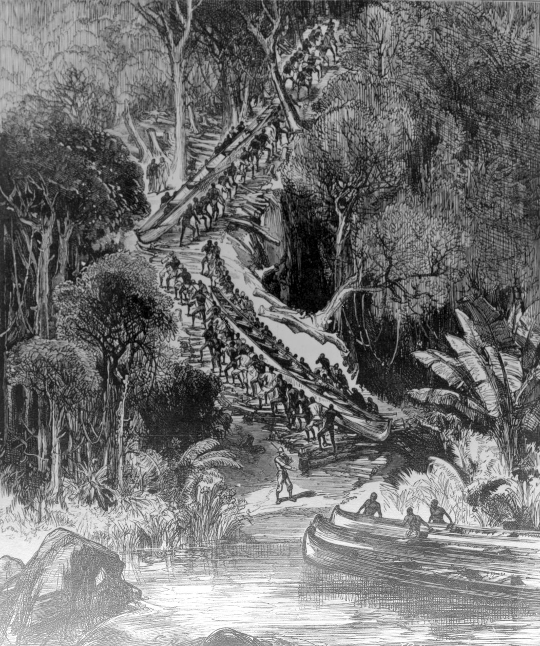 Hauling Canoes Up Inkisi Falls, publicado "The Illustrated London News" em 6 de fevereiro de 1878 de Henry Morton Stanley