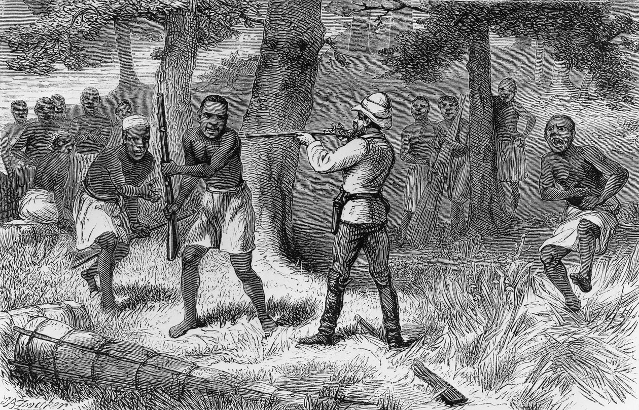 Nativos rebeldes ao longo das margens do rio Gombe, Tanzânia, gravura de How I found Livingstone: travels, adventures and discovereries in Central Africa, de Henry Morton Stanley(1841-1904), Sampson Low, Marston, Low and Searle edition, Londres de Henry Morton Stanley