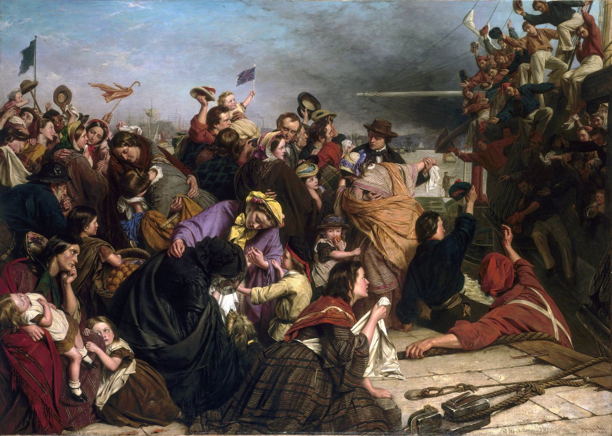Despedida de imigrantes, numa doca do Tamisa (Inglaterra), descrição de grupos de pessoas de todas as idades e classes sociais, bem como dos marinheiros com camisas vermelhas e azuis no barco acenando à multidão de Henry Nelson O