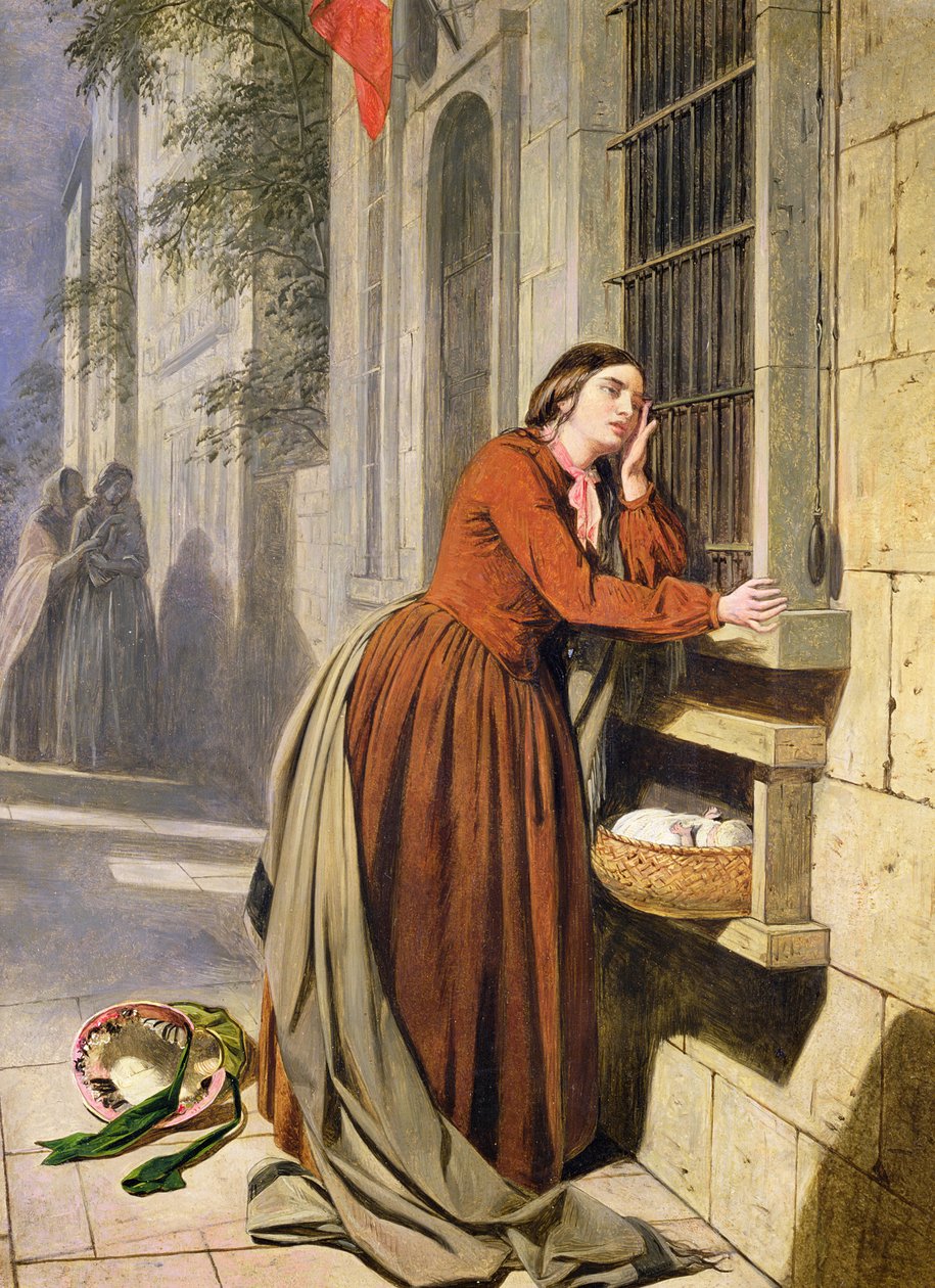 Mãe depositando seu filho no Hospital Foundling em Paris, c.1855-60 (óleo sobre madeira) de Henry Nelson O