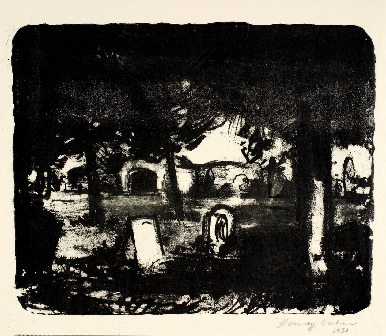 Cemitério, sepulturas sob árvores altas de Henry Nielsen