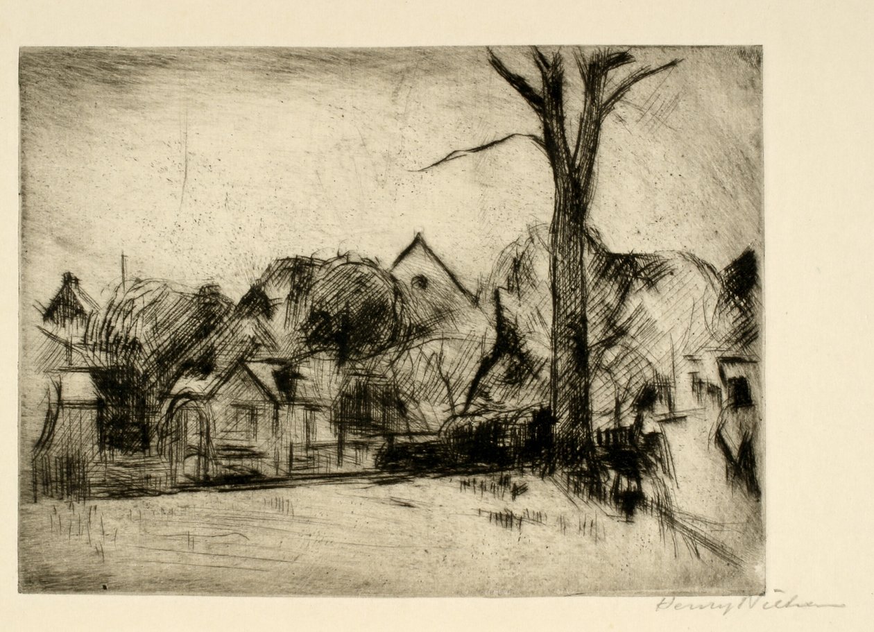 Paisagem com árvore alta e casas de Henry Nielsen