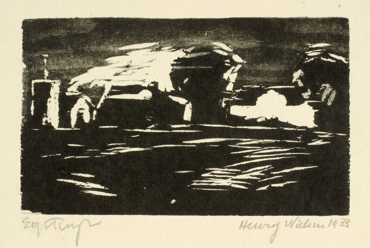 Paisagem escura com árvores e casas de Henry Nielsen