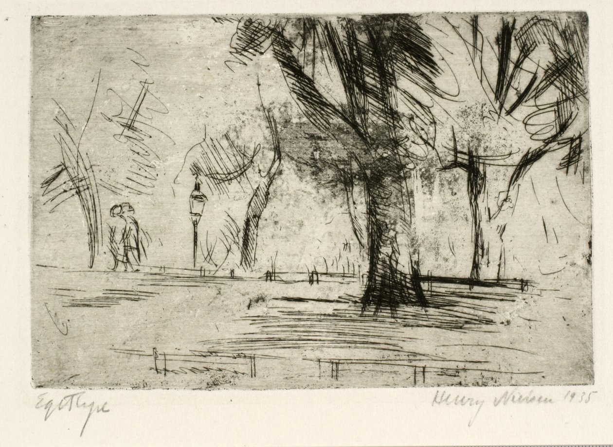 Parque com dois caminhantes e lâmpada de Henry Nielsen