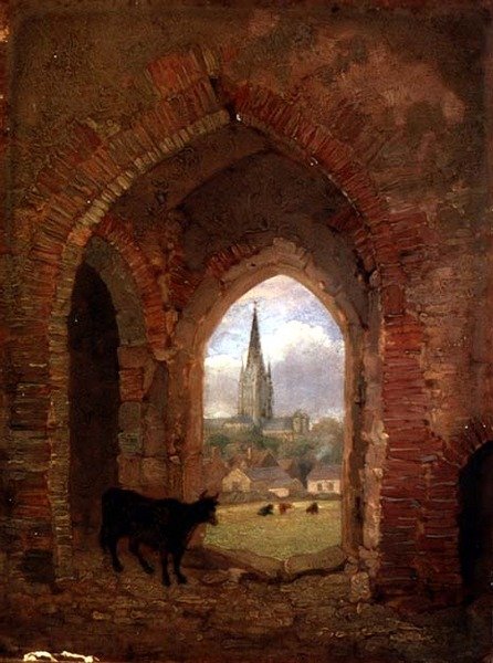 Vista através do arco da Torre da Vaca, Norwich (óleo sobre painel) de Henry Ninham