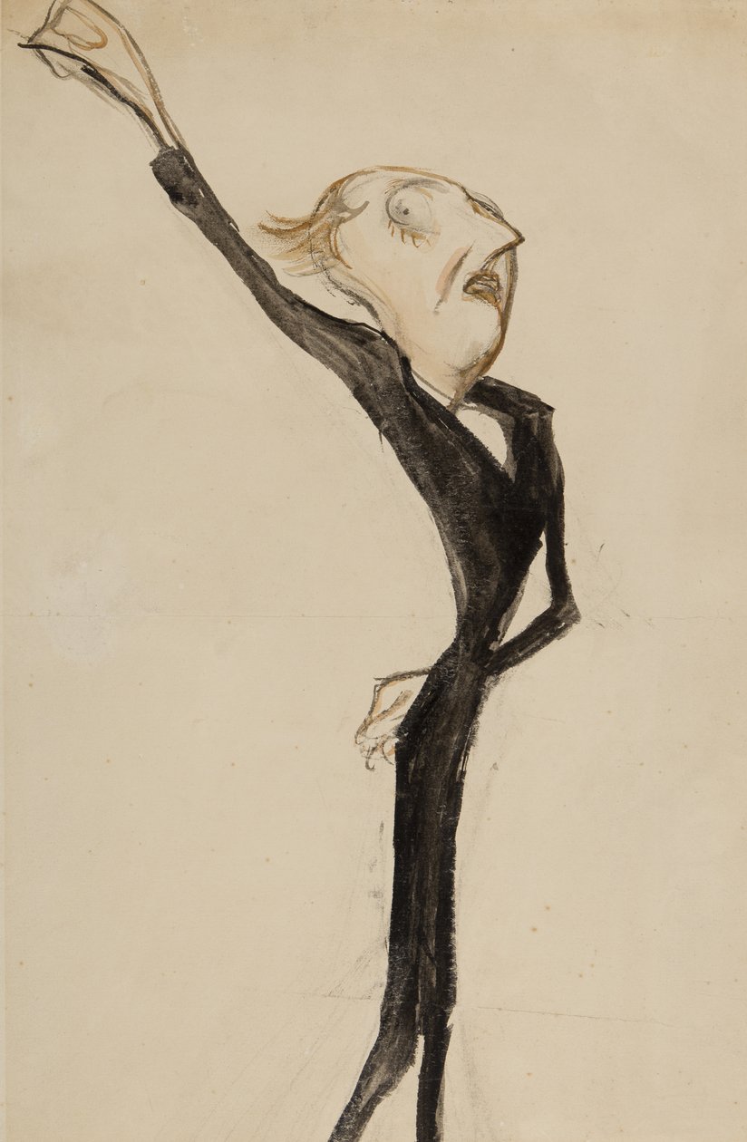 Uma figura teatral, possivelmente Sir Beerbohm Tree, c.1908 (pincel, wc e tinta sobre papel) de Henry Ospovat