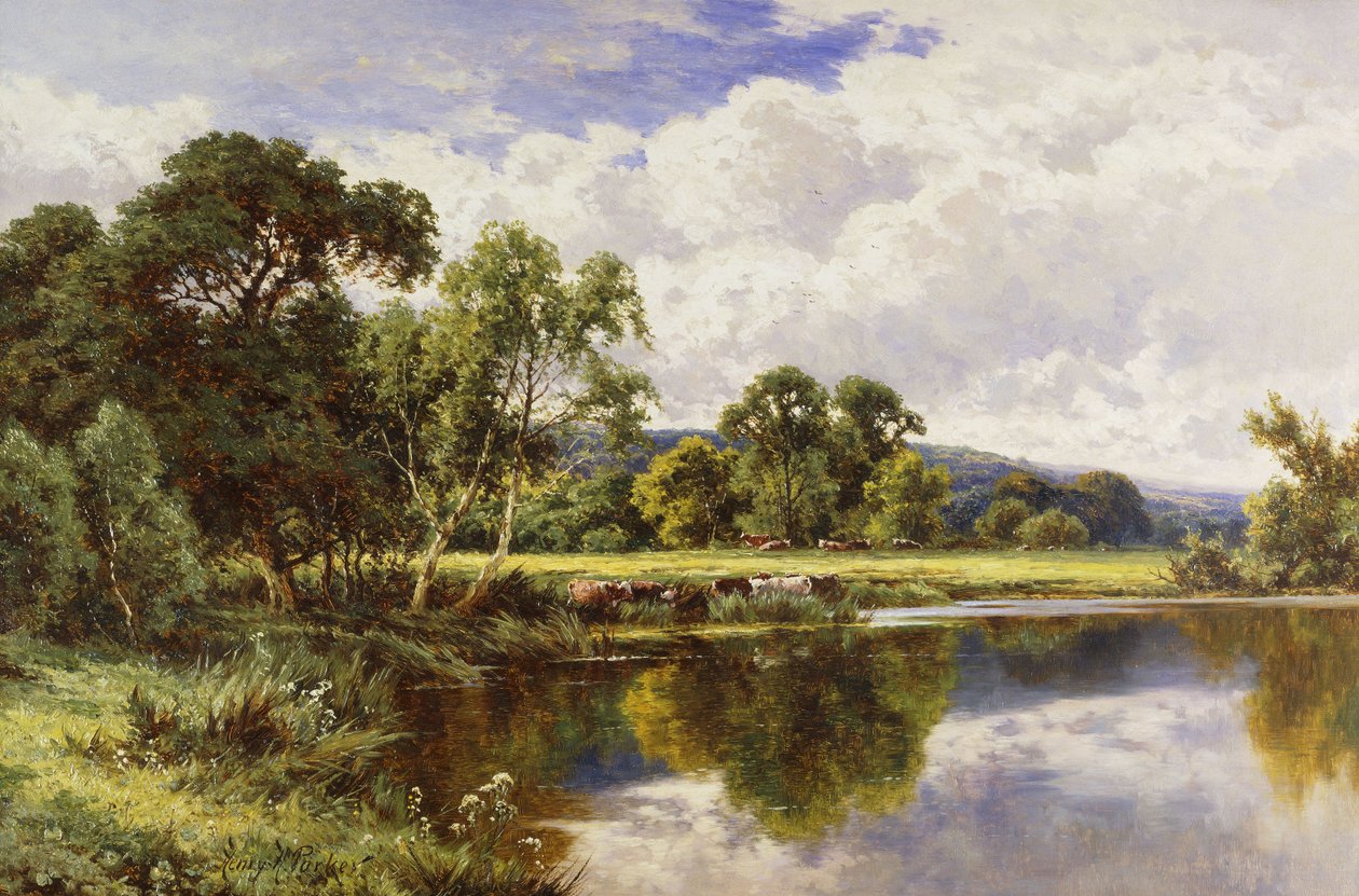 Uma paisagem arborizada do rio com gado, de Henry Parker