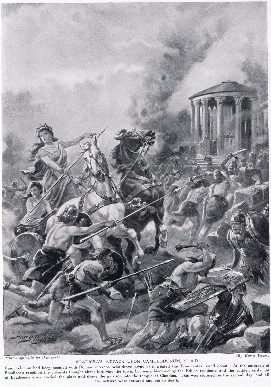 O ataque de Boadicea a Camulodunum, ilustração da "História das Nações de Hutchinson", c.1910 de Henry Payne