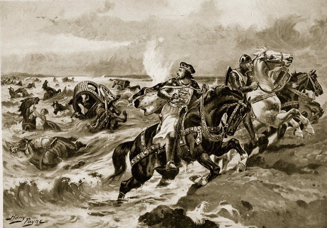 João perde a bagagem, ilustração da "História da nação britânica" de Hutchinson, c.1920 de Henry Payne