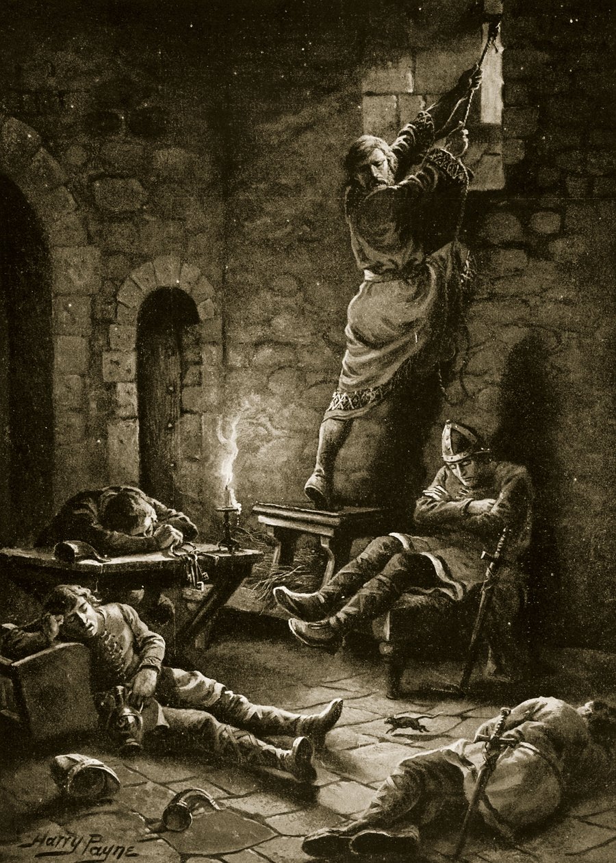 A fuga de Ralph Flambard da Torre, ilustração da "História da Nação Britânica" de Hutchinson, c.1920 de Henry Payne