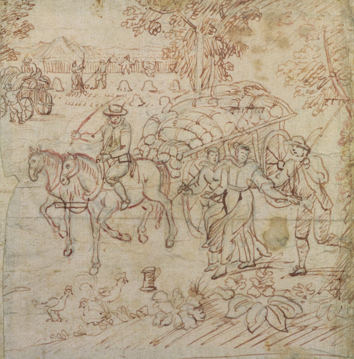 Paisagem com colheitadeiras voltando para casa, c.1595-1605 (caneta e tinta marrom no papel) de Henry Peacham