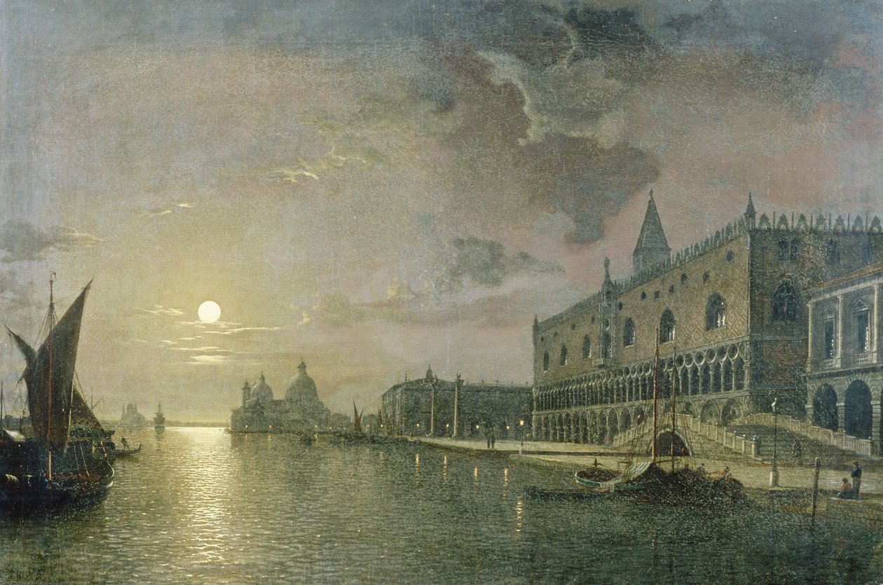 Vista ao luar do Bacino Di San Marco, Veneza, com o Palácio Ducal de Henry Pether