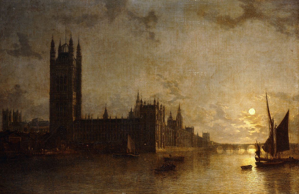 Abadia de Westminster, As Casas do Parlamento com a Construção da Ponte de Westminster, 1859 de Henry Pether