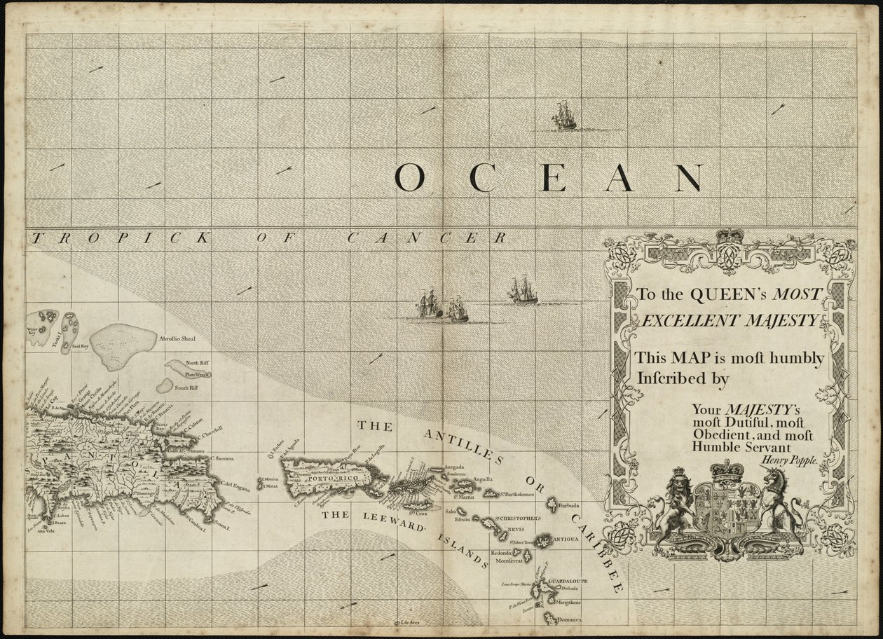 Um mapa do Império Britânico na América com os assentamentos franceses e espanhóis adjacentes a ele de Henry Popple