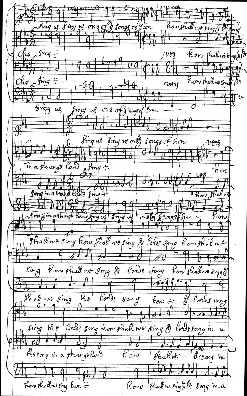Manuscrito autógrafo da partitura do Salmo 137 Como cantaremos a canção do Senhor em uma terra estranha, antes de 1683 de Henry Purcell