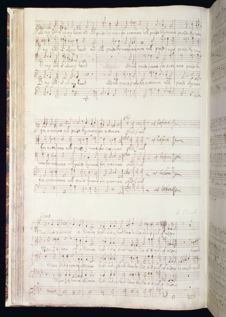 MU MS 88 f.102 "Man that is born of woman", página de um volume de English Anthems composto e escrito por Henry Purcell (1659-95) 1673 (tinta sobre papel) de Henry Purcell