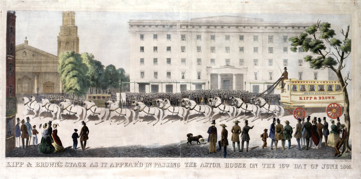 O Estágio de Kipp e Brown como Apareceu na Passagem da Casa Astor no 16º dia de junho de 1845, 1845 (litho colorido à mão) de Henry R. Robinson