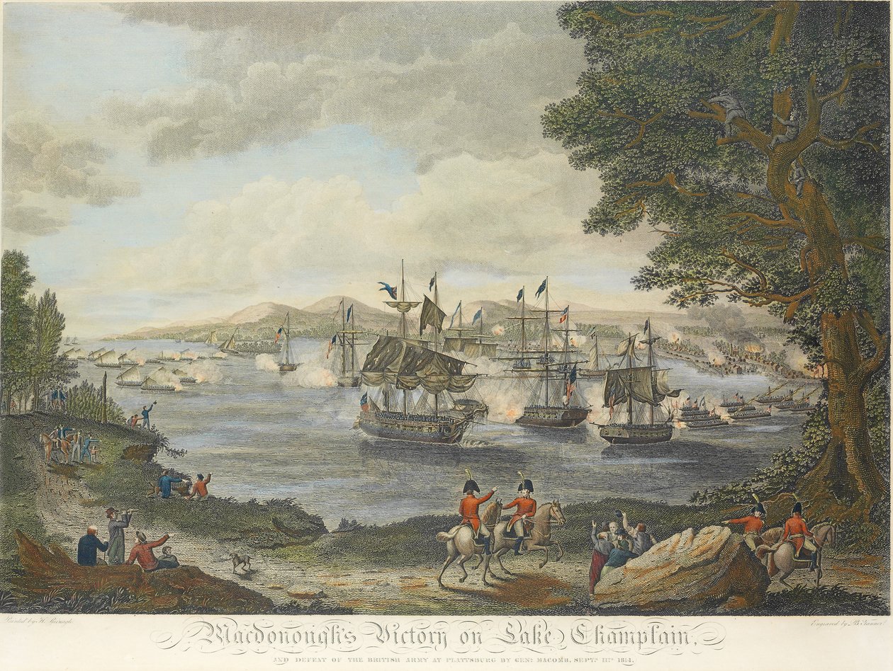 A vitória de MacDonough no lago Champlain e a derrota do exército britânico em Plattsburg por Genl Macomb, 11 de setembro de 1814, gravado por B. Tanne, 1816 de Henry Reinagle
