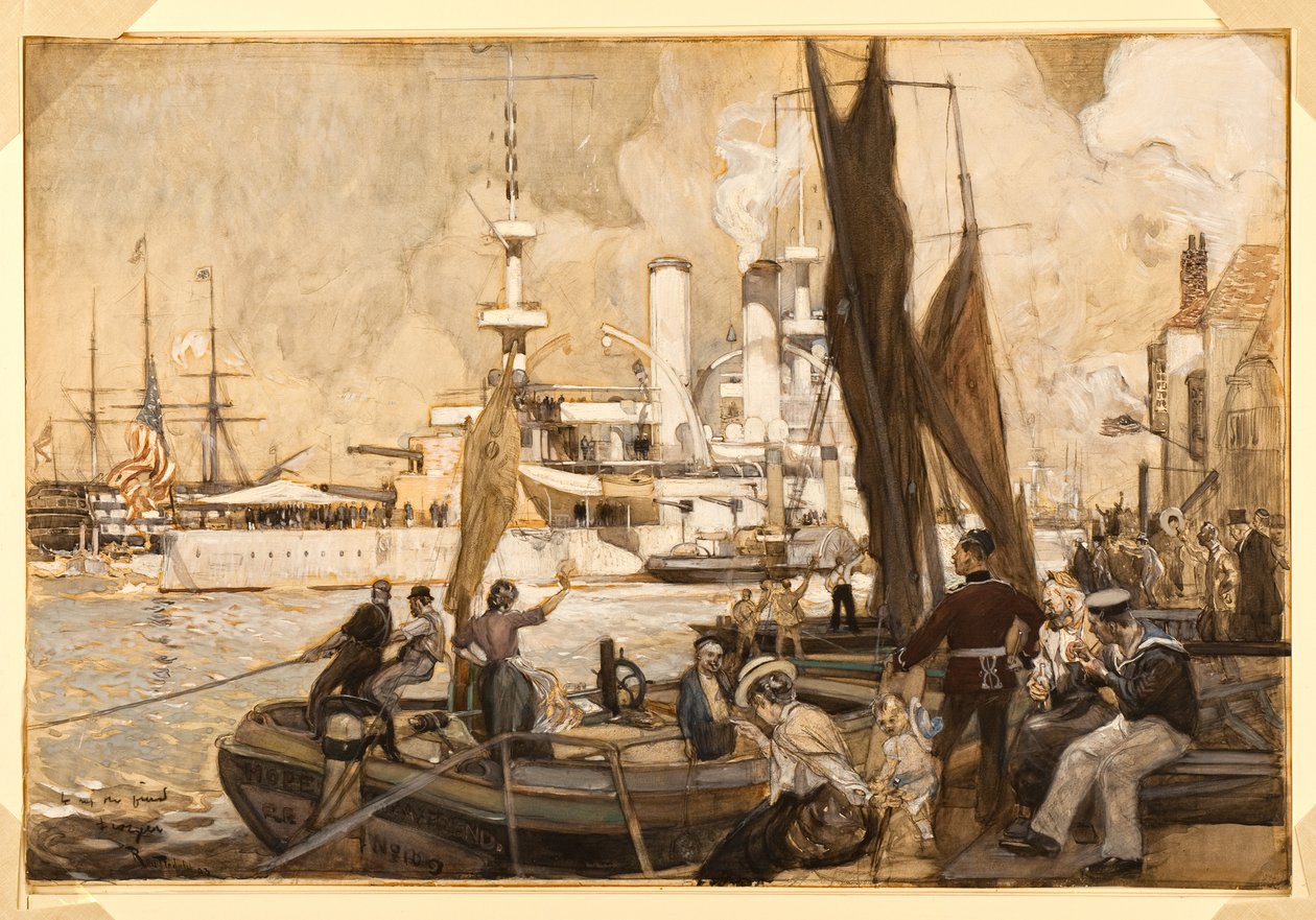 O navio de guerra americano "Kearsearge" no porto de Portsmouth de Henry Reuterdahl