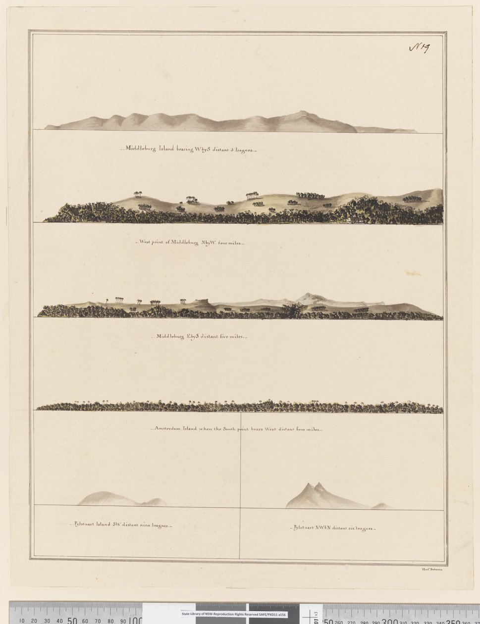 Página 19 (a) Middleburg Island bearing W by S distant 3 leagues (b) West point of Middleburg N by W four miles (c) Middleburg E by S distant five miles (d) Amsterdam Island when the south point bears west distant four miles (e) Pylstuart island SW distant de Henry Roberts