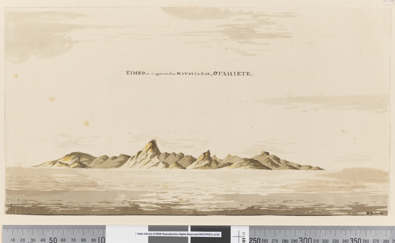 Página 25aa Eimeo como aparece em Matavai Bay, Otahiete, 1768-75 (caneta e tinta e lavagem) de Henry Roberts