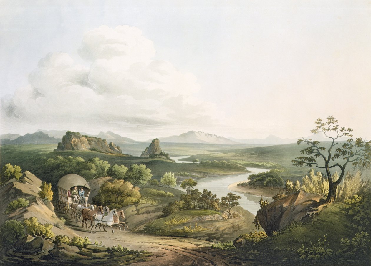 Uma vista perto da passagem da areia de Roode no cabo da boa esperança, gravada por J. Bluck (fl.1791-1831) 1809 (aquatint) de Henry Salt