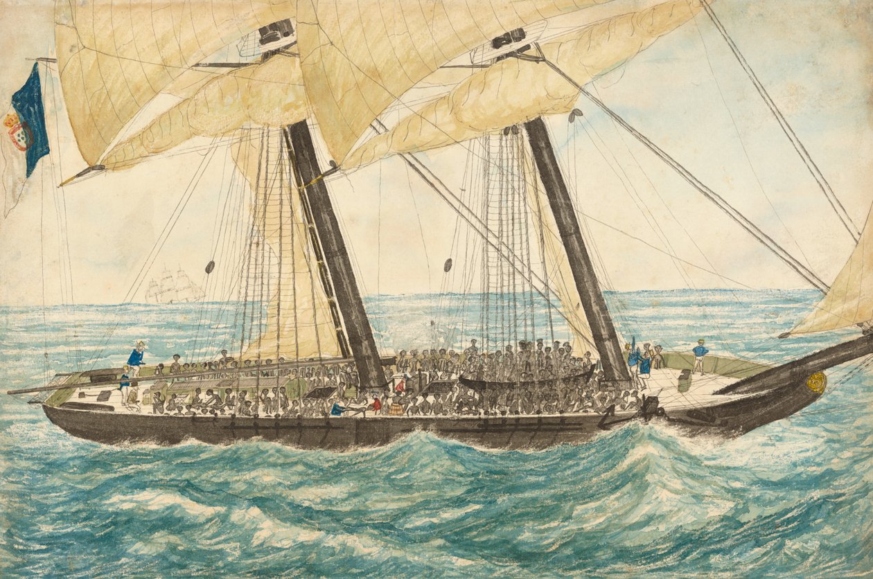 O escravizador português Diligenté capturado por H.M. Saveiro Pearl com 600 escravos a bordo, maio de 1838. de Henry Samuel Hawker