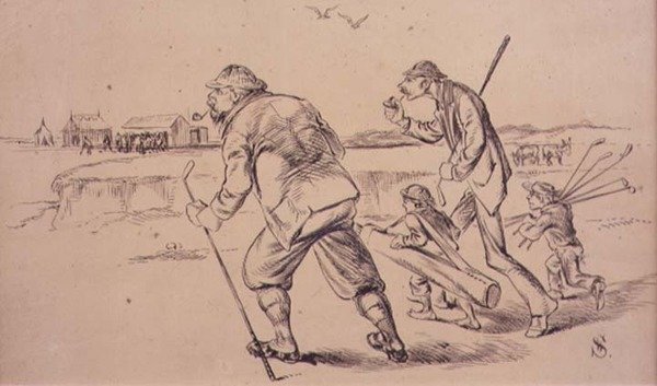 Golfistas fora para praticar na praia, ilustração da revista 