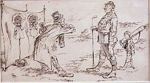 O jogador de golfe que está sendo perturbado pelo vendedor, ilustração à revista gráfica, bar. c, 1870 de Henry Sandercock