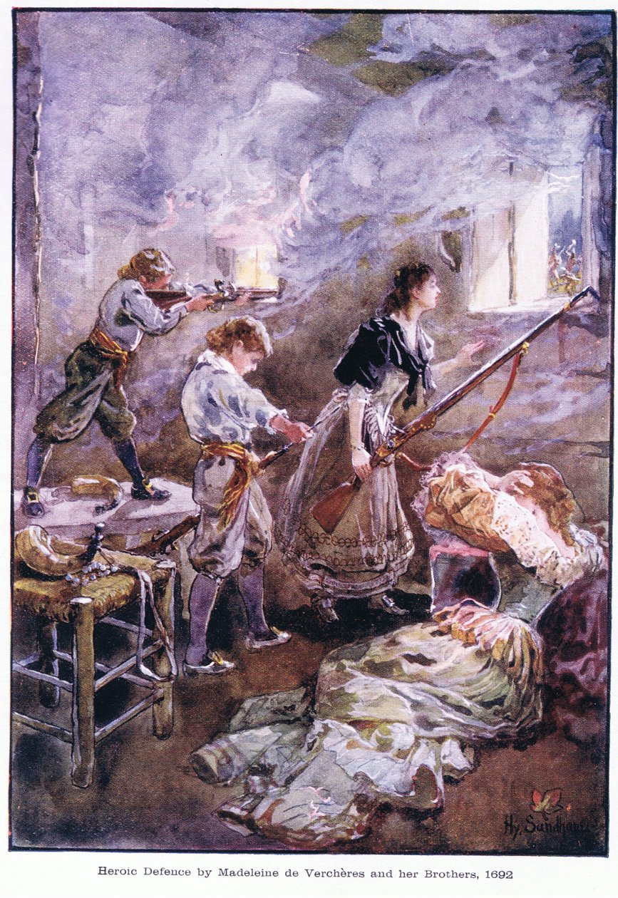 Defesa heróica de Madeleine de Vercheres e seus irmãos 1692, c.1920 de Henry Sandham