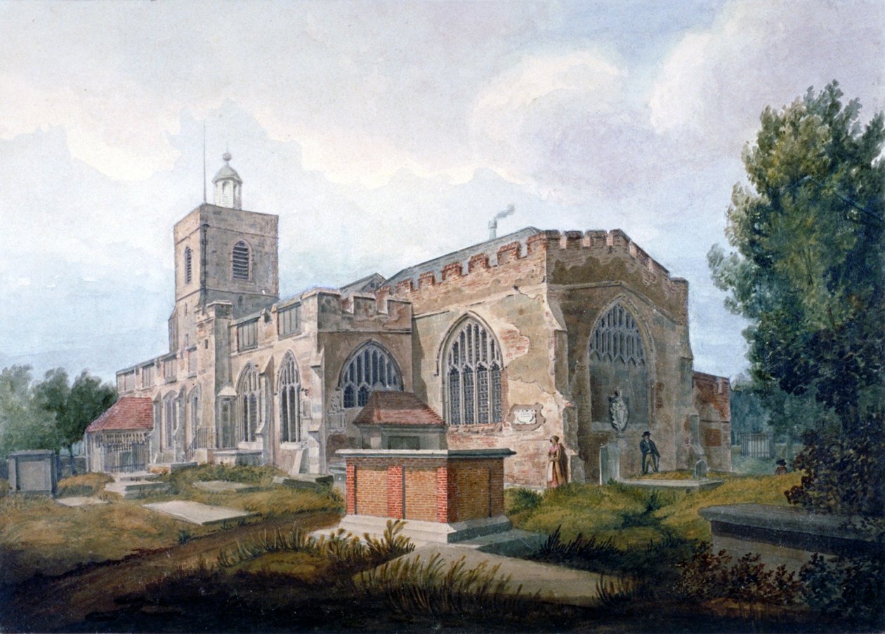 Vista sudeste da Igreja de St Dunstan, Stepney, Londres, c1820 de Henry Sass