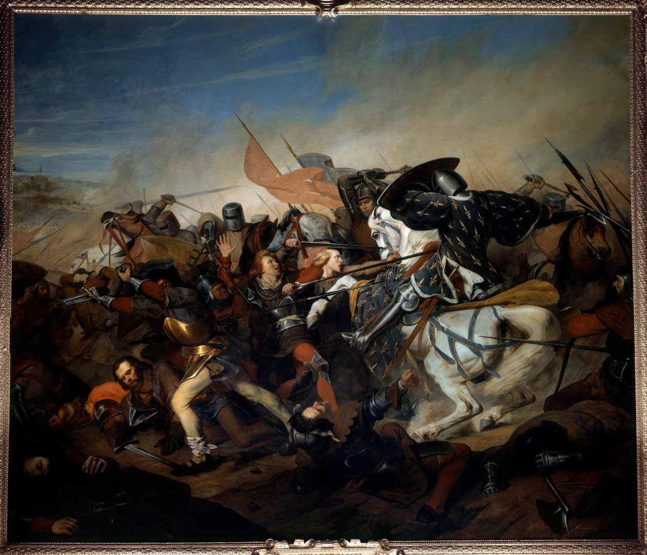 Vista da Batalha de Kassel em 23/08/1328, vitória de Filipe VI de Valois sobre o exército flamengo Pintura de Henry Scheffer (1798-1862) 1837 Sol. 4,65x5,43 m versailles, museu do castelo de Henry Scheffer