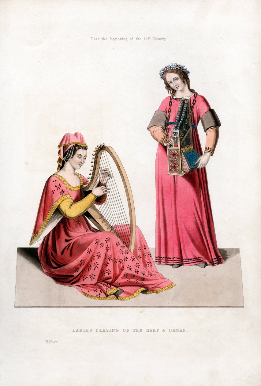 Senhoras tocando harpa e órgão, início do século XIV, 1843. de Henry Shaw