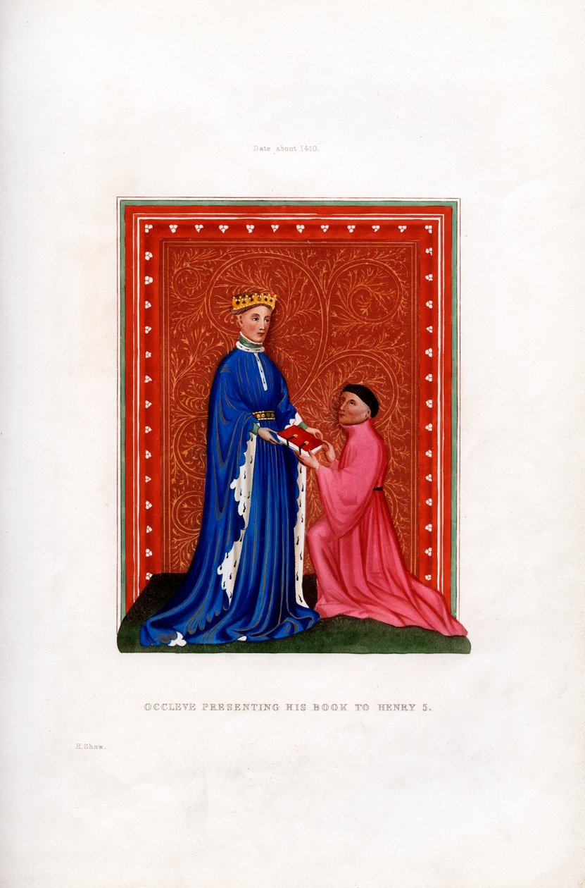 Occleve apresentando seu livro a Henrique V, c1410, 1843. de Henry Shaw