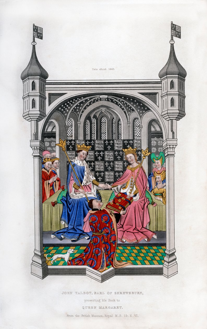 O conde de Shrewsbury apresentando seu livro à rainha Margaret, c1445, 1843. de Henry Shaw