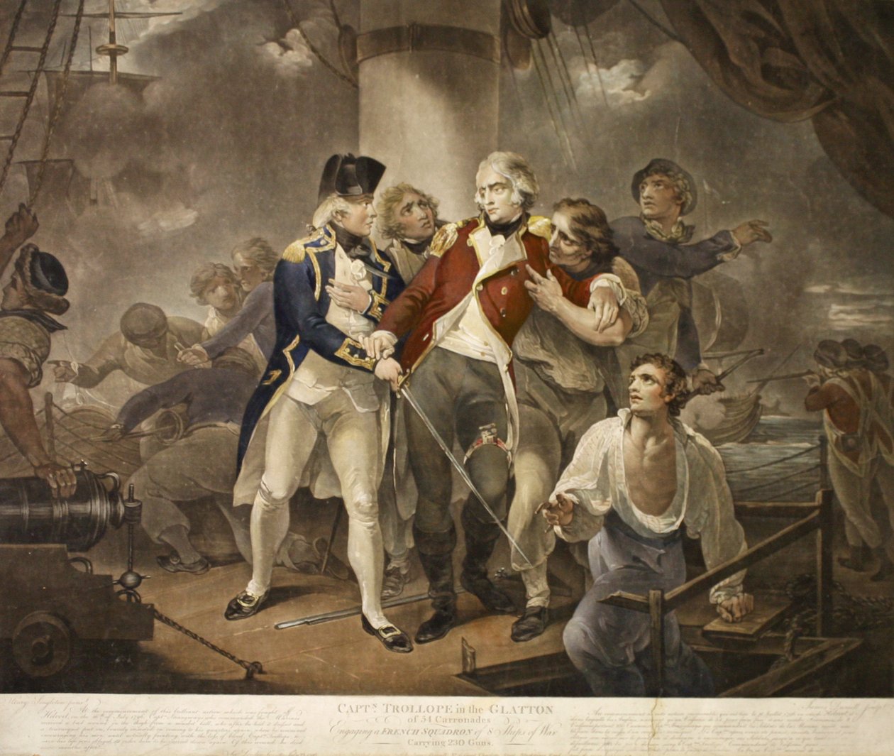 Capitão Trollope no Glatton de 54 Carronades Envolvendo um esquadrão francês de 8 navios de guerra carregando 230 armas, gravadas por James Daniell, 1797 (mezzotint) de Henry Singleton