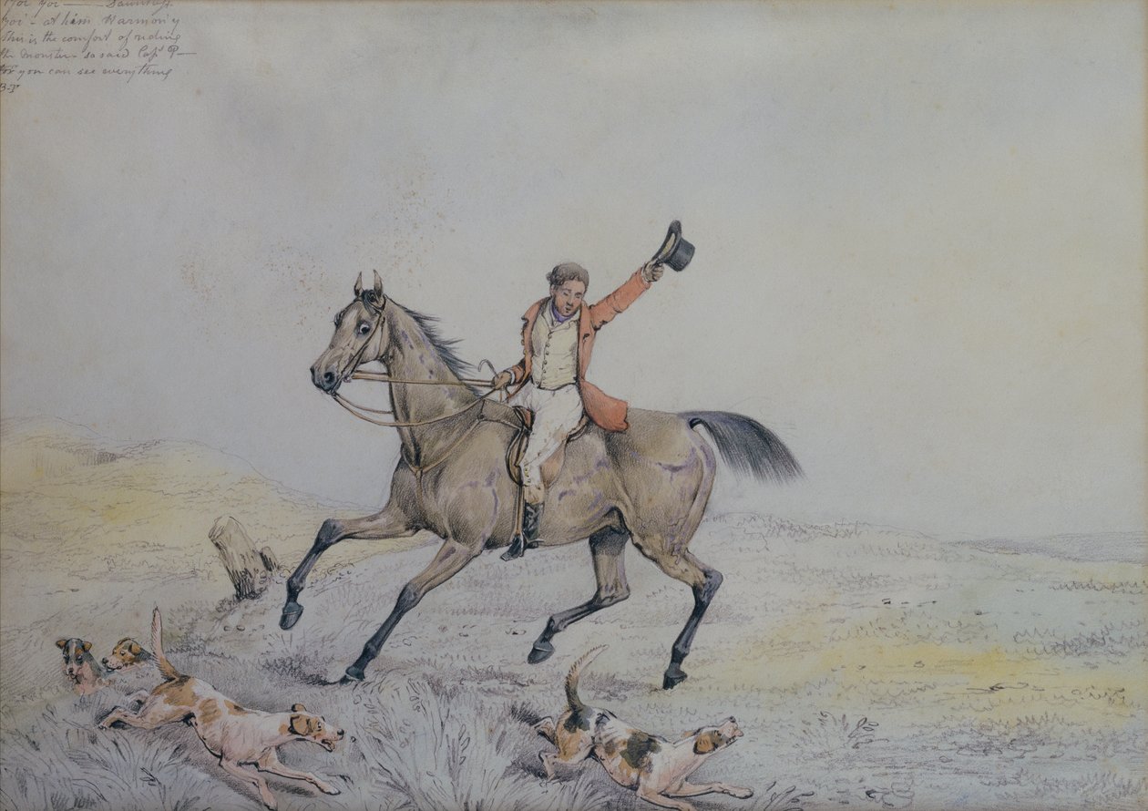 Um caçador que encoraja os cães de caça (lápis e aguarela) de Henry Sr Alken