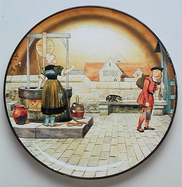 A infantilidade, uma ilustração de "As Sete Idades do Homem" de Shakespeare, um prato carregador feito pelo Art Pottery Studio da Minton de Henry Stacey Marks