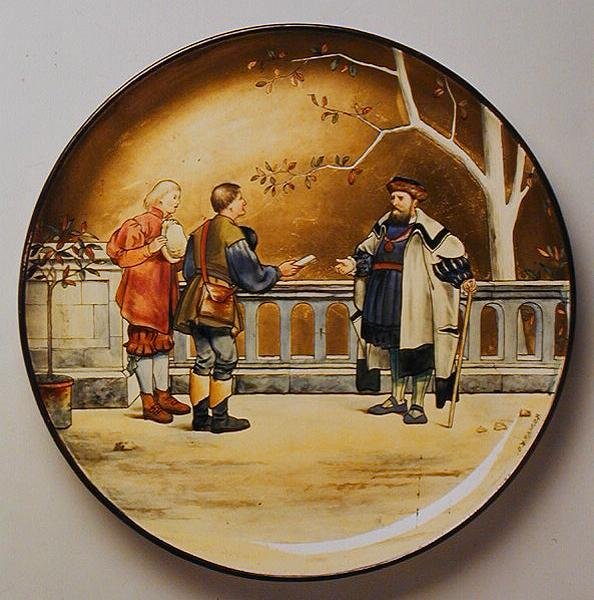 Justice, uma ilustração de "The Seven Ages of Man" de Shakespeare, placa carregador feita pelo Art Pottery Studio da Minton de Henry Stacey Marks