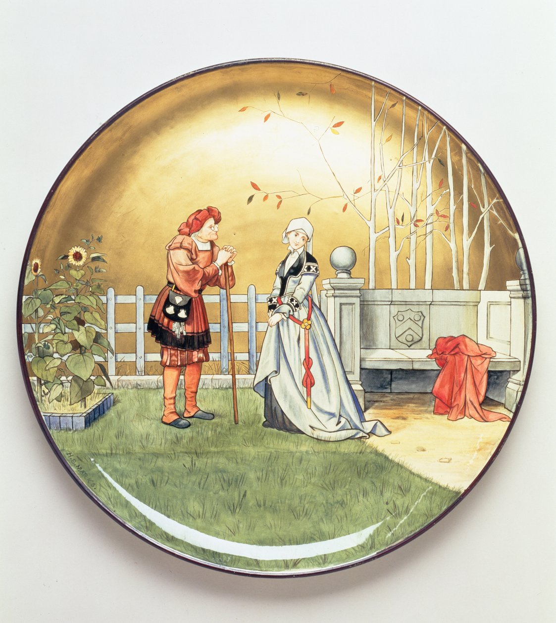 A Sexta Era do Homem, uma ilustração de Shakespeares As Sete Idades do Homem, placa de carregador de Mintons Art Pottery Studio, 1873 (cerâmica) de Henry Stacey Marks