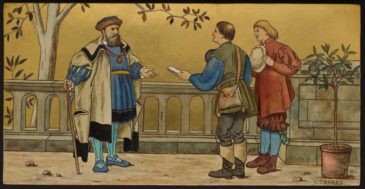 The Justice, placa representando uma ilustração de Shakespeare Seven Ages, Minton ware, Staffordshire, 1874 (louça de barro esmaltada) de Henry Stacey after Marks